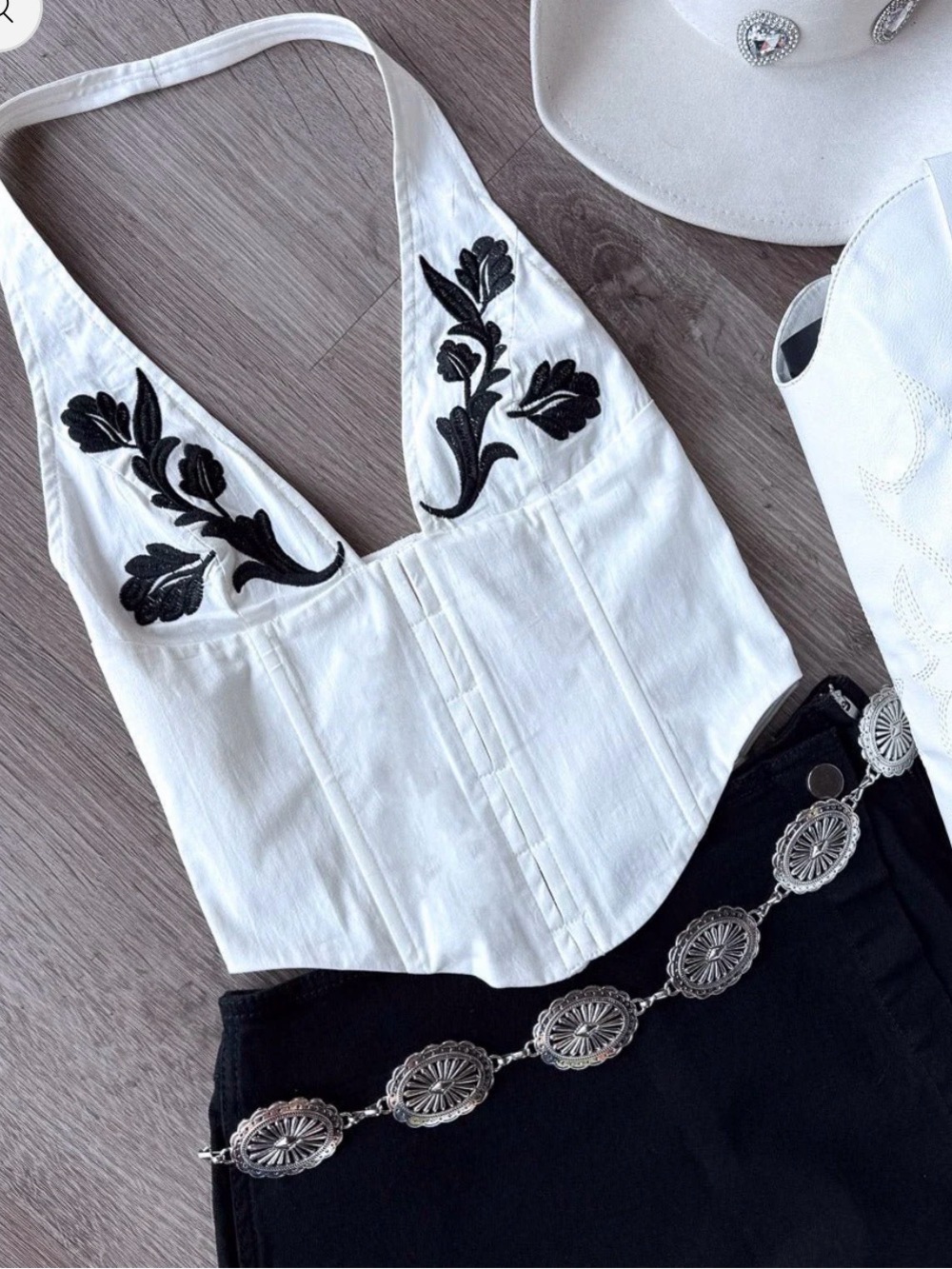 Sirena White Western Floral Embroidered Halter Top